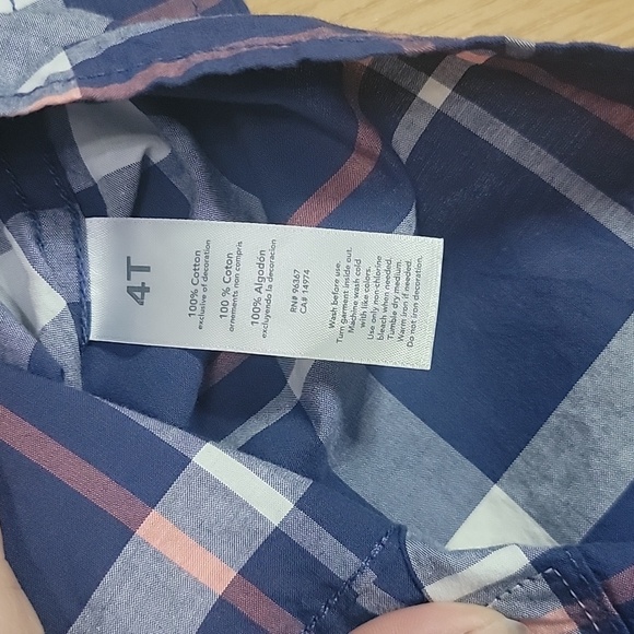 Boys 4T Button Up Plaid Collared Shirt in blue with white and orange stripes - Picture 4 of 7